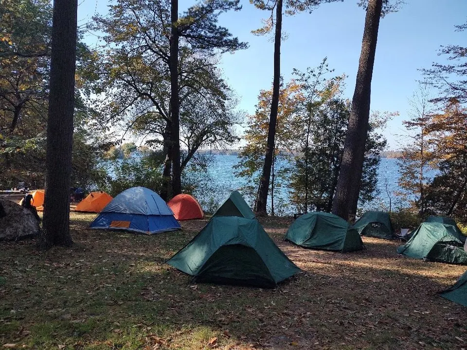 Troop tents among tall pines above a blue lake