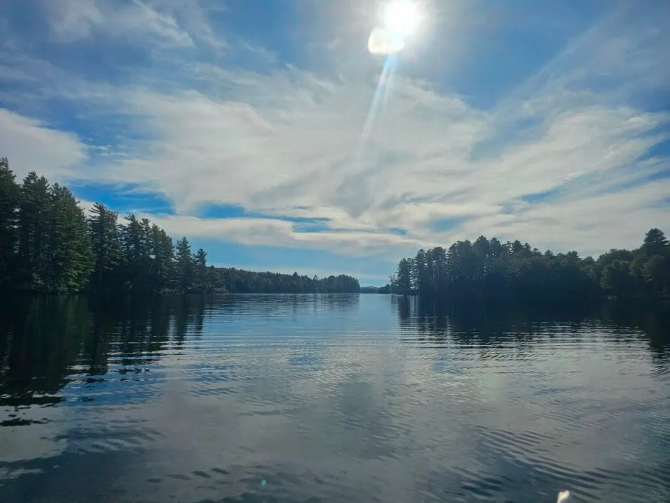 Afternoon sun over Lows Lake, with pine-lined shores reflected in the water