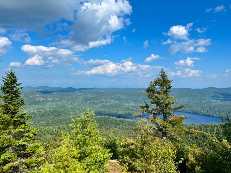Forested hills and a distant lake from a summit lookout