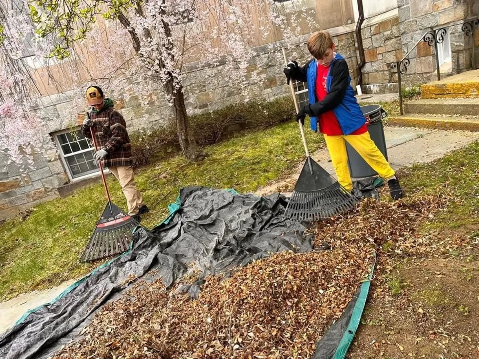 Spreading mulch around flowering trees during a clean-up day
